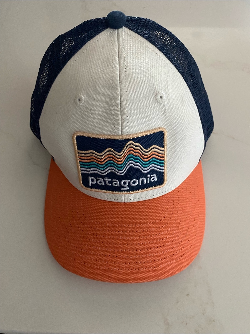 Patagonia Kids White, Navy & Orange Mesh Trucker Hat